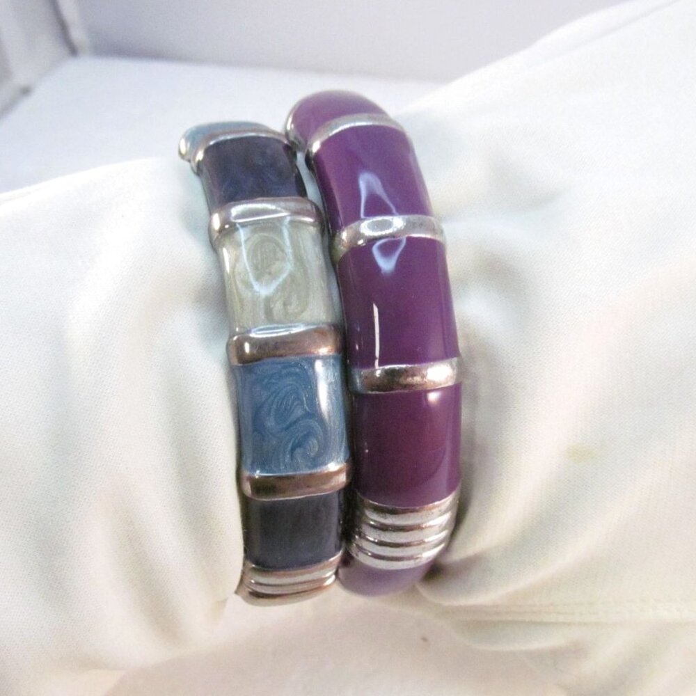 Enamel Bamboo Style Hinge Bracelets Set of 2 Purple and Green Blues